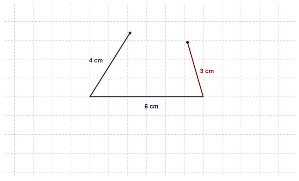 Rysunek odcinka o długości 6 cm. Do jego końców dorysowane są odcinki o długościach 4 cm i 3 cm, które nie łączą się.