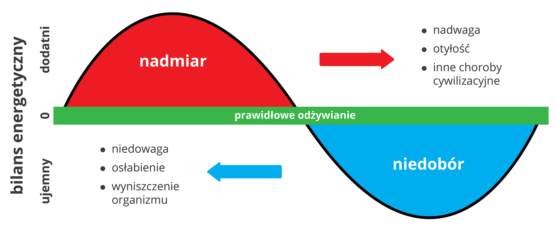 Ilustracja przedstawia bilans energetyczny człowieka. Zielona pozioma belka w środku schematu oznacza prawidłowe odżywianie. Z lewej pionowo opis: bilans energetyczny dodatni. Czerwone półkole ma napis: nadmiar. Strzałka w prawo wskazuje skutki przejadania się: nadwagę, otyłość, inne choroby cywilizacyjne. U dołu błękitne półkole z napisem: niedobór. Strzałka w lewo wskazuje skutki: niedowaga, osłabienie, wyniszczenie organizmu. Z lewej pionowo opis: bilans energetyczny ujemny.