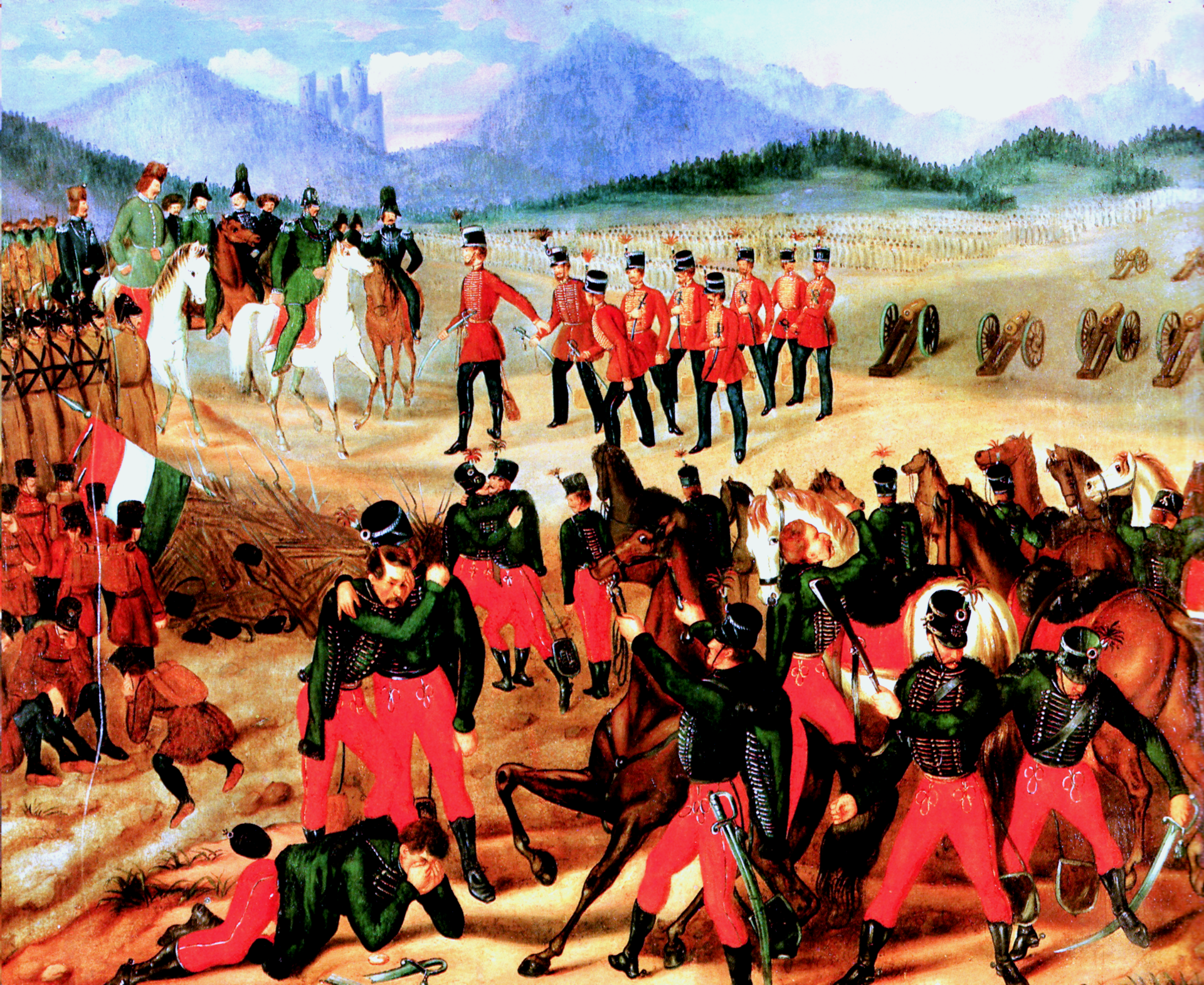 Kapitulacja armii węgierskiej pod Világos w 1849 roku Źródło: István Szkicsák-Klinovszky, Kapitulacja armii węgierskiej pod Világos w 1849 roku, 1850, domena publiczna.