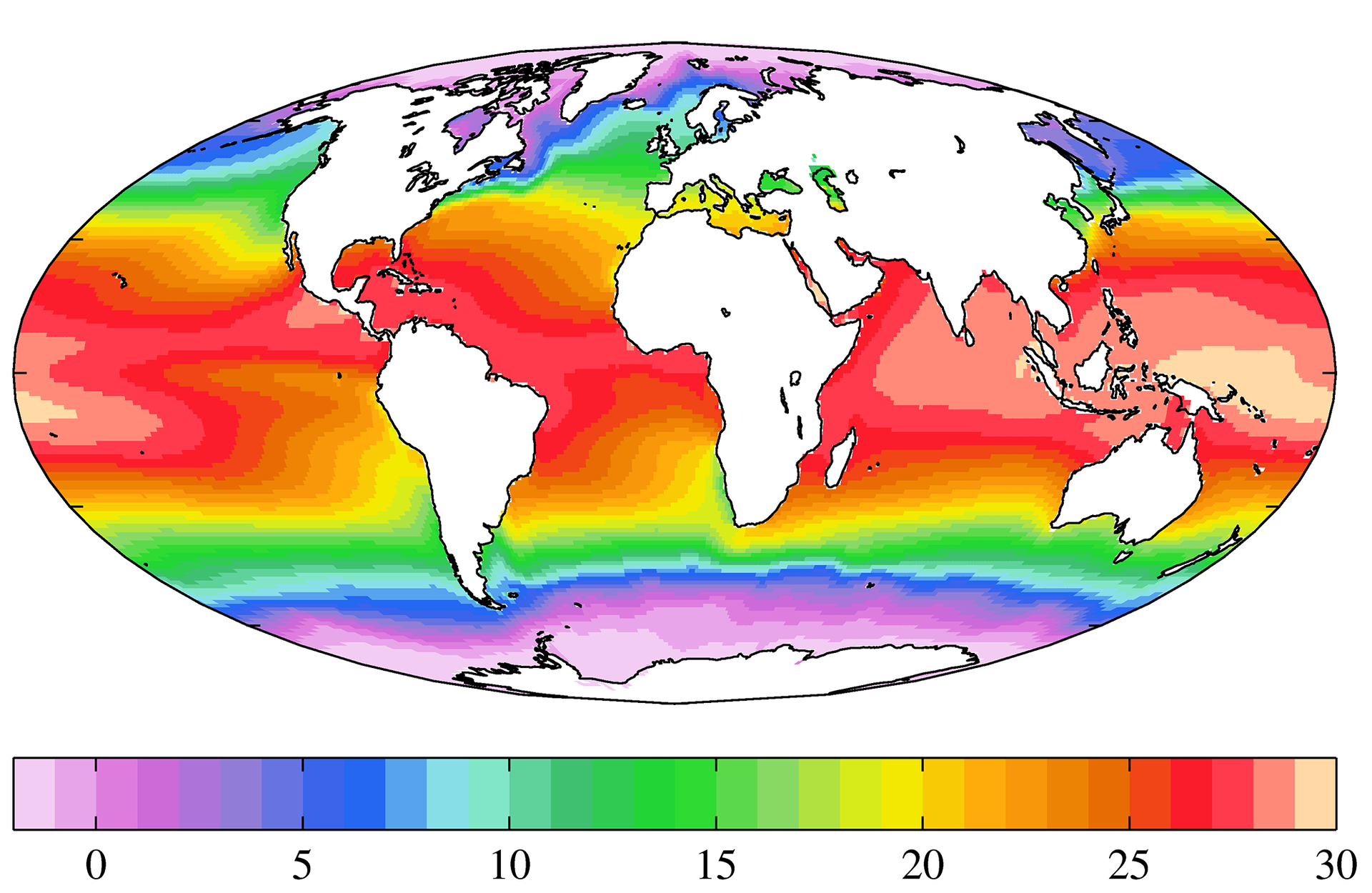 Ilustracja prezentuje mapę świata z zaznaczonymi temperaturami powierzchniowej warstwy wód morskich i oceanicznych w postaci różnych kolorów. Pod mapą znajduje się kolorowa podziałka z zaznaczonymi temperaturami co pięć stopni od 0°C do 30°C. Każdy przedział jest oznaczony innym kolorem z gradacją odcieni. Kolejne kolory począwszy od 0°C to: fioletowy, niebieski, zielony, żółty, pomarańczowy, czerwony. Wody zimne o temp. od 0°C do 5°C w kolorze fioletowym i niebieskim znajdują się wokół biegunów oraz kontynentów, które do nich przylegają. Następnie kolor niebieski, to wody o temp. od 5°C do 10°C w strefie umiarkowanej na obydwu półkulach, kolejny kolor zielony, temp. od 10°C do 15°C, żółty temp. od 15°C do 20°C, a na równiku i w strefie międzyzwrotnikowej kolor czerwony, temp. od 25°C do 30°C. Widać daę wykonania mapy - 5 lutego 2013.