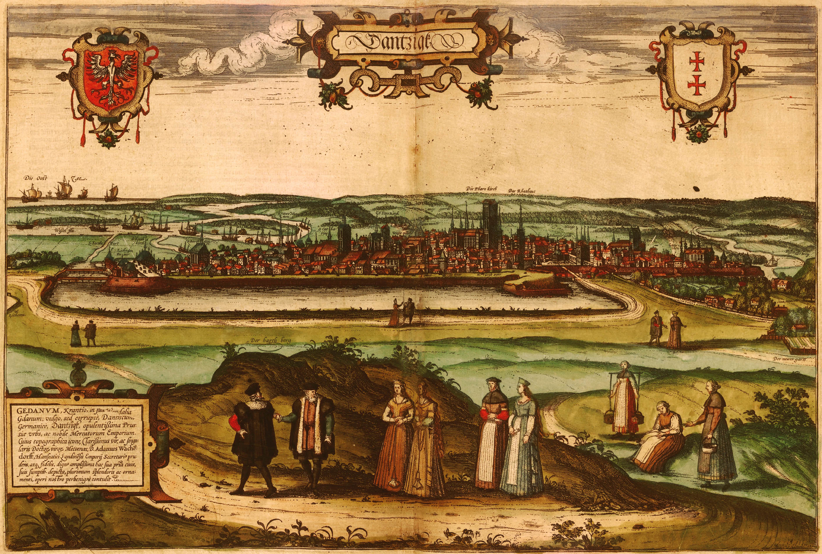 Dantzig / Gadenum Panorama Gdańska z 1575 r. Miasto, podczas elekcji po ucieczce Henryka Walezego, poparło kandydaturę cesarza Maksymiliana II, co spowodowało konflikt z Rzeczpospolitą i wojnę (1576-1577). Stefan Batory zmusił jednak miasto do uległości. Ilustracja pochodzi z II tomu dzieła Georga Brauna (kartograf) i Fransa Hogenberga (malarz, sztycharz, grafik) Miasta świata. Źródło: Frans Hogenberg, Dantzig / Gadenum, 1575, miedzioryt kolorowany, domena publiczna.
