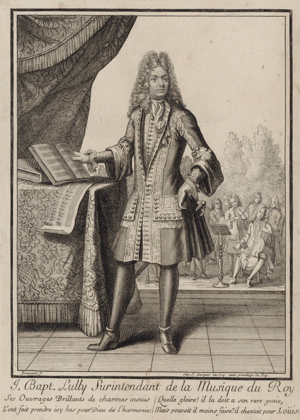 Jean-Baptiste Lully Jean-Baptiste Lully (1632-1687) – urodzony we Florencji, od 14. roku życia mieszkający w Paryżu kompozytor, jeden z najbardziej znanych muzyków barokowych Francji. Twórca francuskiej opery narodowej i różnego typu utworów muzycznych. Podczas dyrygowania orkiestrą w 1687 r. zranił się w stopę laską dyrygencką i kilka dni później zmarł w wyniku infekcji. Źródło: Henri Bonnart, Jean-Baptiste Lully, 1711, Francuska Biblioteka Narodowa, domena publiczna.
