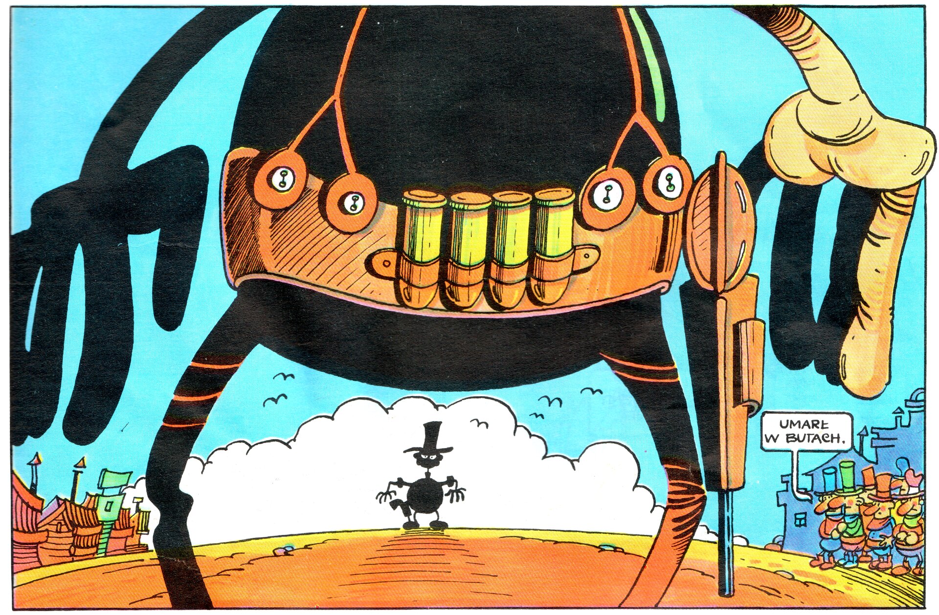 Ilustracja przedstawia fragment komiksu Tadeusza Baranowskiego „Skąd się bierze woda sodowa. I nie tylko”. Jest to pojedynek dwóch kowbojów. Kadr ukazuje zbliżenie na pas z nabojami, kaburę z rewolwerem i szeroko rozstawionymi rękoma. W oddali znajduje się kontur drugiej postaci w takiej samej pozie. Z prawej strony stoi grupa osób komentujących wydarzenie. Wśród nich pojawia się dymek ze słowami: Umarł w butach.
