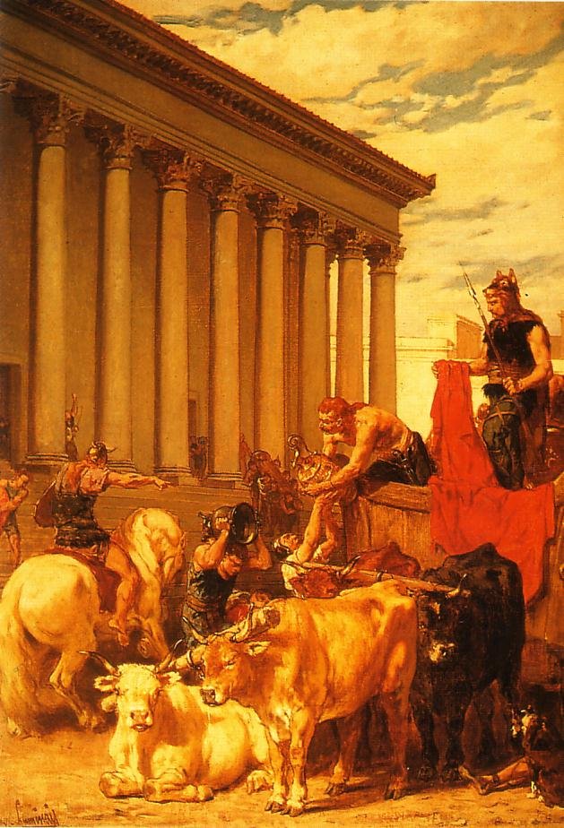 Łupienie Rzymu przez Wizygotów Źródło: Évariste-Vital Luminais, Łupienie Rzymu przez Wizygotów, domena publiczna.