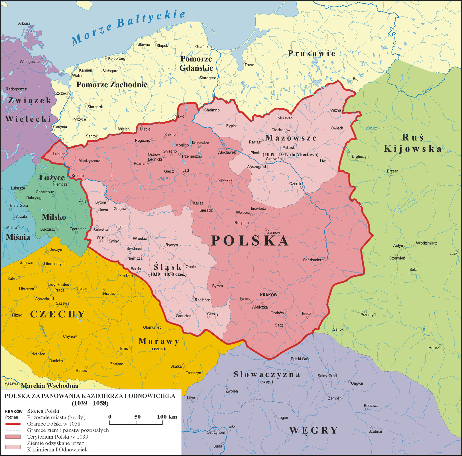 Mapa Polski za panowania Kazimierza I Odnowiciela (1039 - 1058)