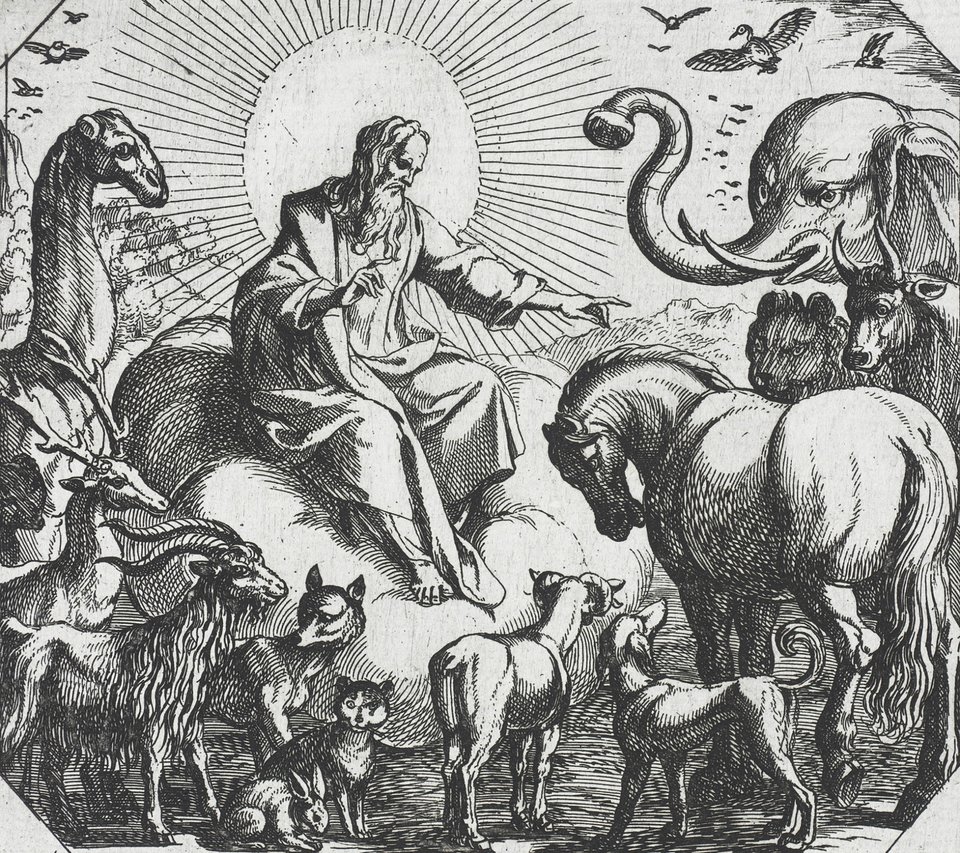 Bóg stwarzający zwierzęta Źródło: Antonio Tempesta, Bóg stwarzający zwierzęta, 1600, domena publiczna.