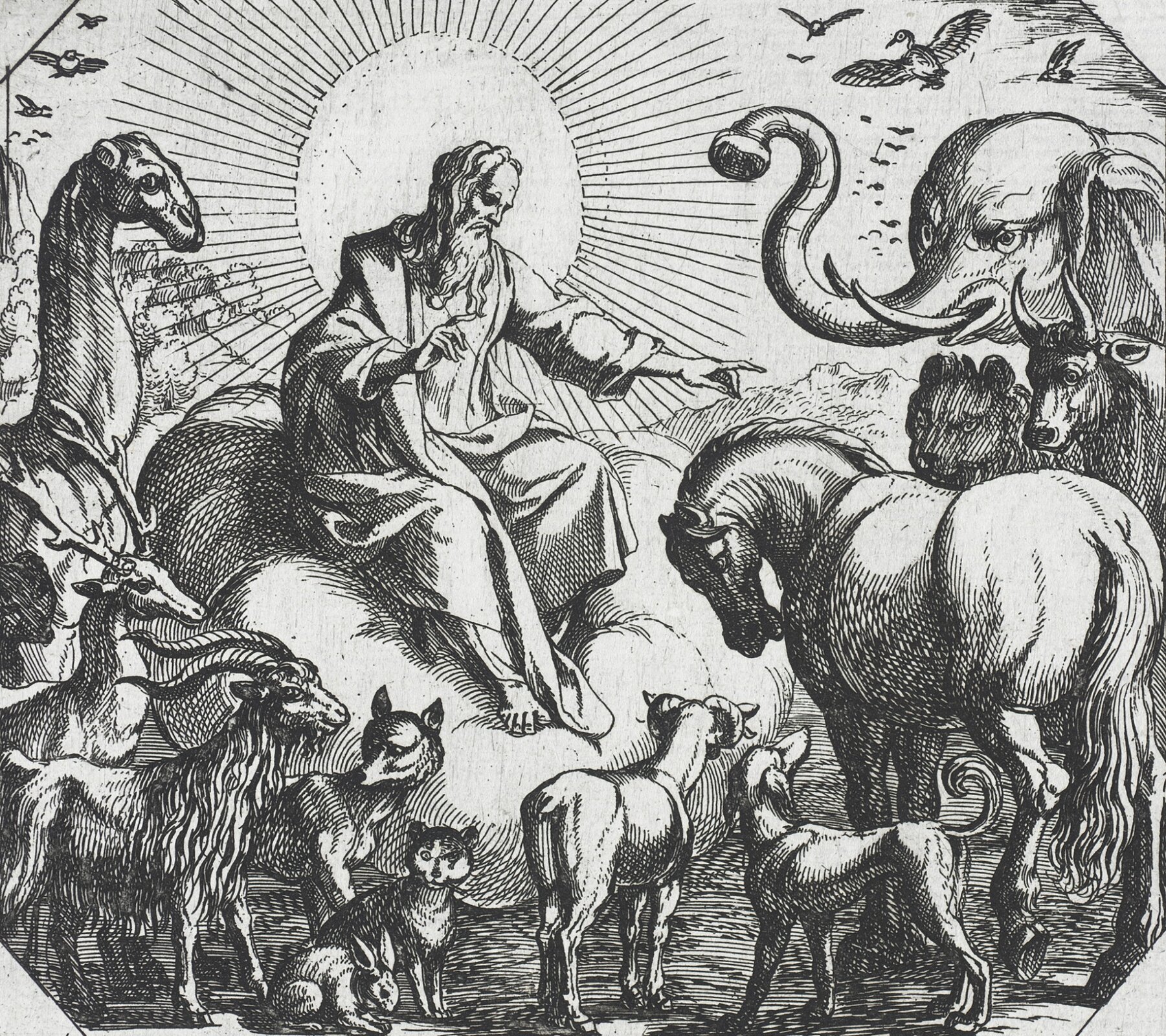 Bóg stwarzający zwierzęta Źródło: Antonio Tempesta, Bóg stwarzający zwierzęta, 1600, domena publiczna.
