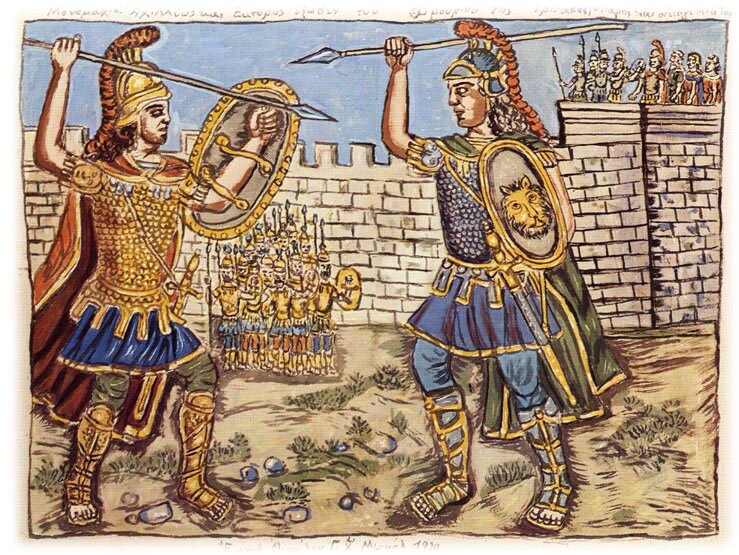 Pojedynek Achillesa i Hektora Źródło: Theophilos Hatzimihail, Pojedynek Achillesa i Hektora, domena publiczna.