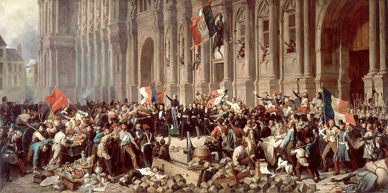 Lamartine pod paryskim ratuszem 25 lutego 1848 roku odmawia przyjęcia czerwonego sztandaru Źródło: Henri Félix Emmanuel Philippoteaux, Lamartine pod paryskim ratuszem 25 lutego 1848 roku odmawia przyjęcia czerwonego sztandaru, XIX wiek, olej na płótnie, Carnavalet Museum, domena publiczna.