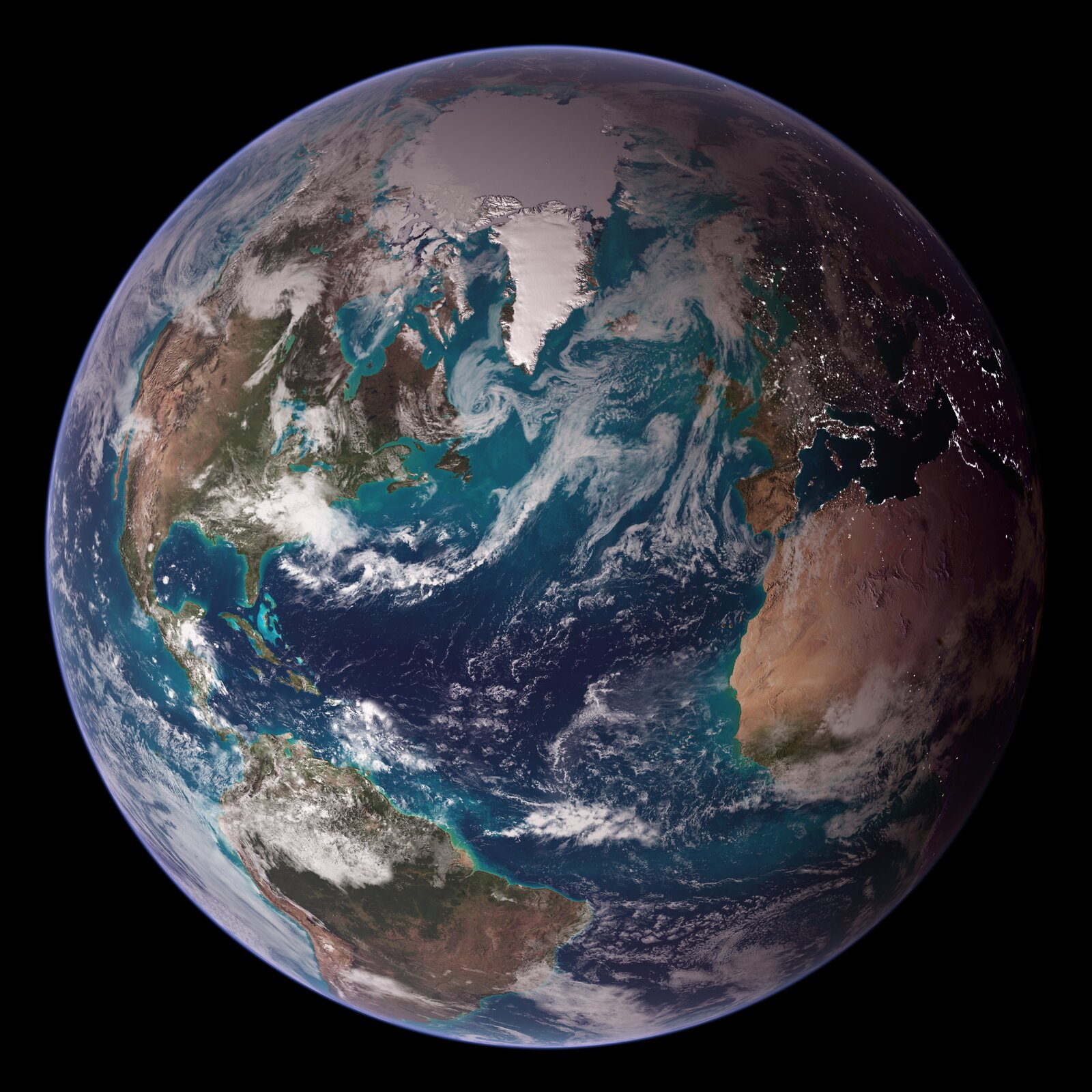 Zdjęcie Ziemi wykonane z satelity okołoziemskiego. Na zdjęciu widoczna okrągła kula Ziemska pokryta niebieskimi wodami, brązowymi lądami oraz białymi pasmami chmur.