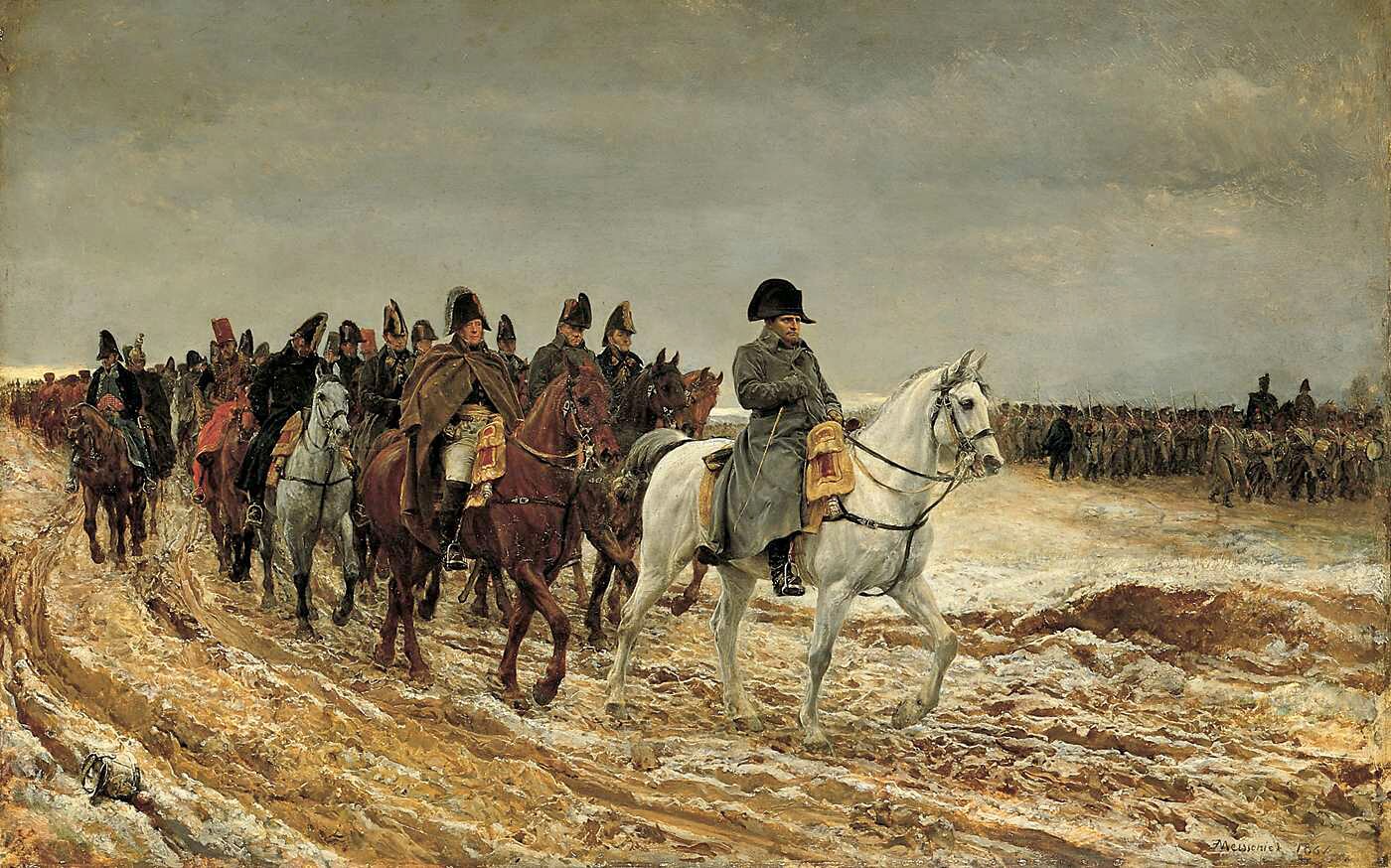 Kampania francuska 1814 Źródło: Jean-Louis-Ernest Meissonier, Kampania francuska 1814, 1864, olej na desce, Musée d'Orsay, Paryż, domena publiczna.