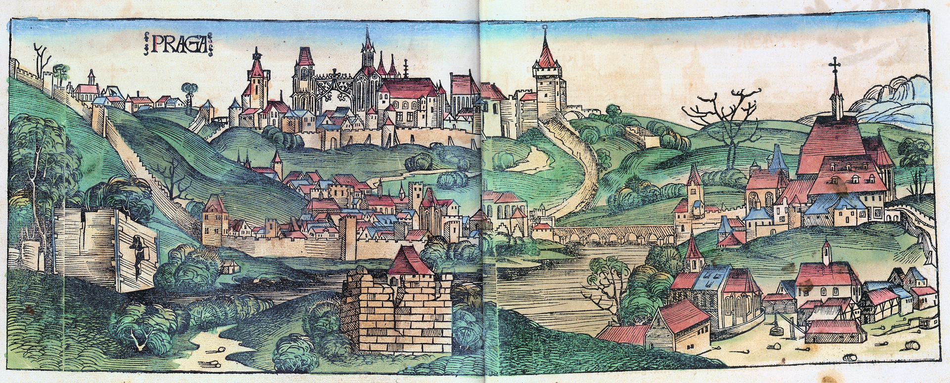 Widok Pragi z zamkiem na Hradczanach z 1493 r. Kolorowany drzeworyt z tzw. Kroniki Schedla wydanej w Norymberdzie w 1493 r. – autorami ryciny byli: Michel Wolgemut, Wilhelm Pleydenwurff Źródło: Wilhelm Pleydenwurff, Michel Wolgemut, Widok Pragi z zamkiem na Hradczanach z 1493 r., 1493, domena publiczna.