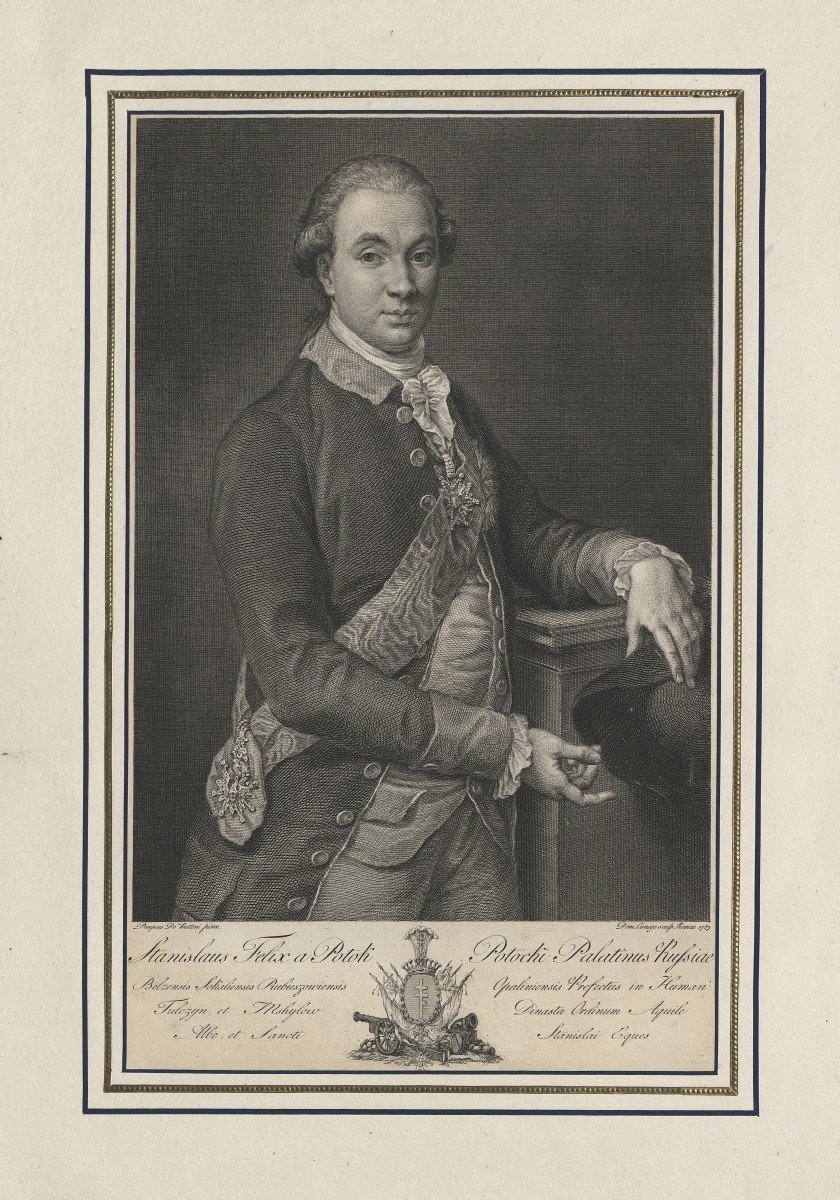 Grafika przedstawiająca Stanisława Szczęsnego Potockiego ok. 1783 r. Obecnie przechowywana w Bibliotece Narodowej w Warszawie. Grafika przedstawiająca Stanisława Szczęsnego Potockiego ok. 1783 r. Obecnie przechowywana w Bibliotece Narodowej w Warszawie. Źródło: domena publiczna.