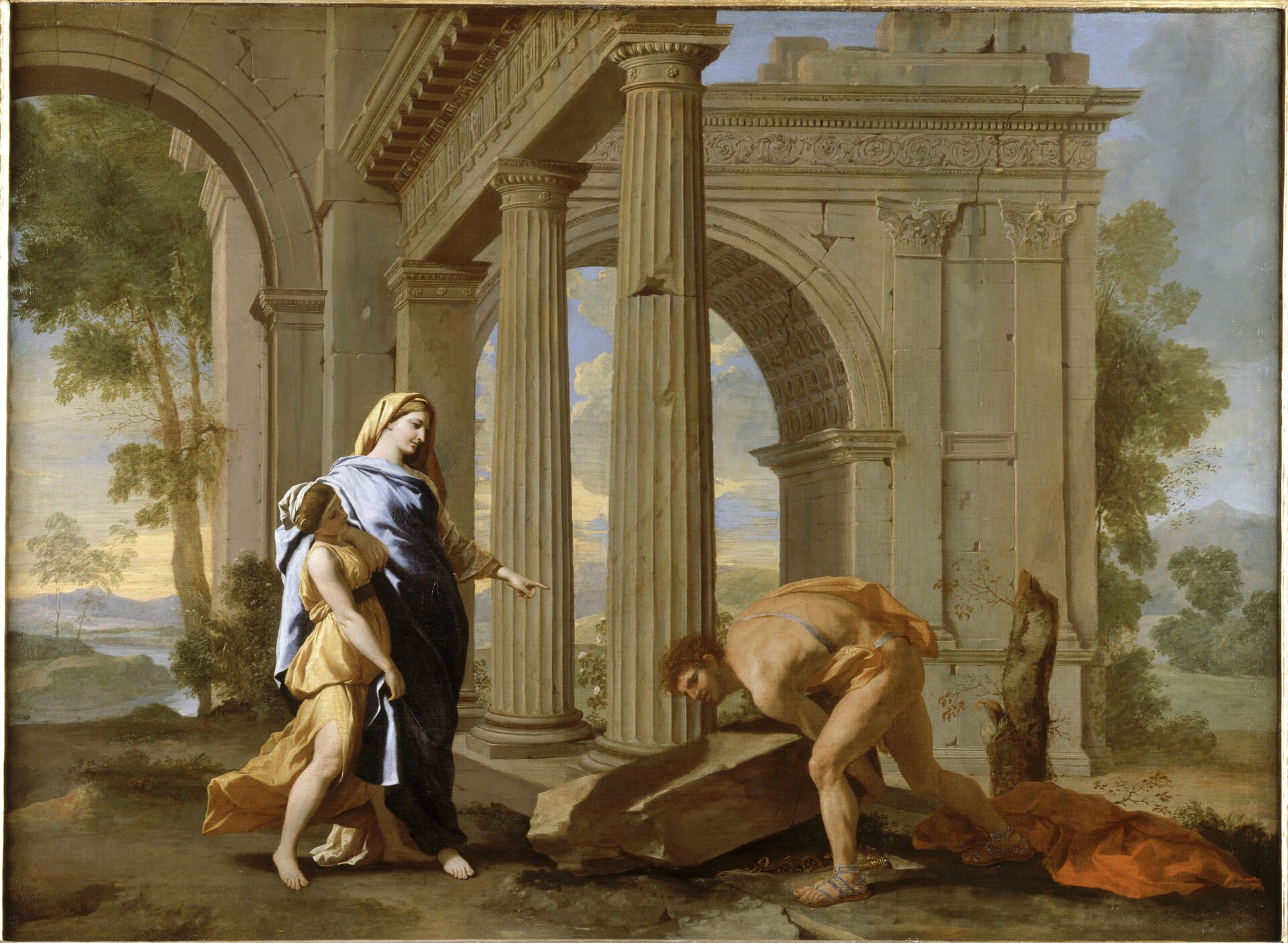 Tezeusz znajduje miecz ojca Źródło: Nicolas Poussin, Tezeusz znajduje miecz ojca, 1638, olej na płótnie, Musée Condé, Chantilly, Francja, domena publiczna.