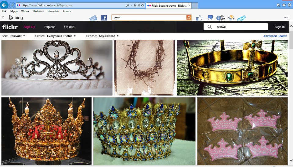 Zrzut okna strony http://www.flickr.com/search z wpisanym w okienku wyszukiwania słowem: crown