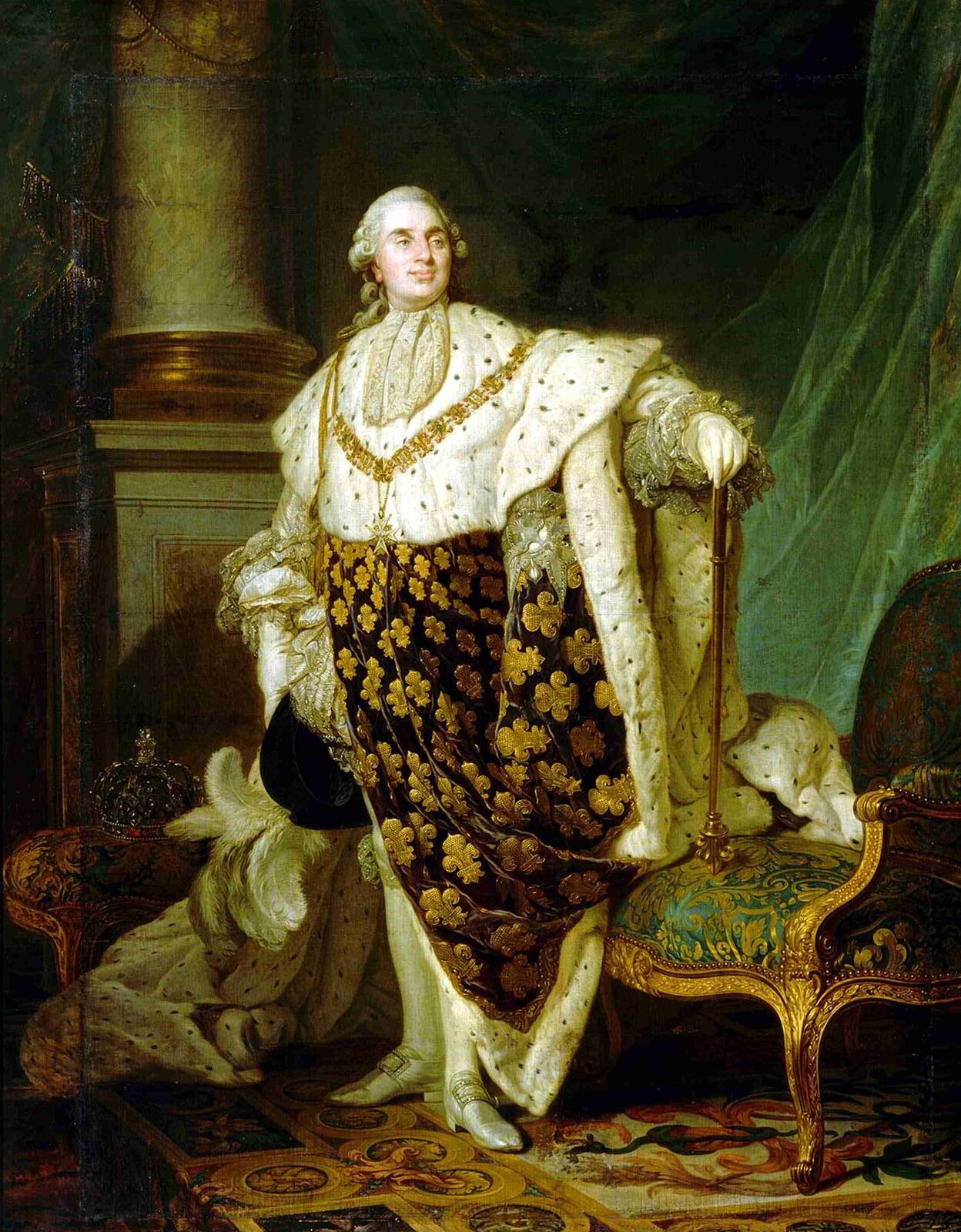 Ludwik XVI w szatach koronacyjnych Źródło: Joseph-Siffrein Duplessis, Ludwik XVI w szatach koronacyjnych, 1777, Olej na płótnie, Carnavalet Museum, domena publiczna.