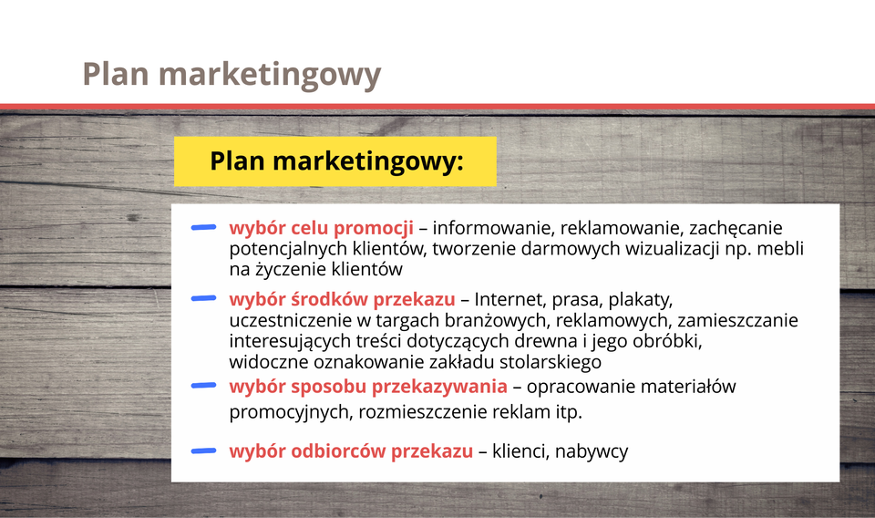 Grafika zawiera elementy tworzenia planu marketingowego.
