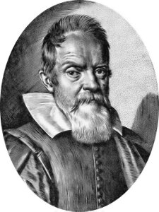Ilustracja przestawia podobiznę Galileusza. Mężczyzna w wieku ok. 60-70 lat. Włosy krótkie, proste. Wąsy gęsto, broda długa, biała, prosta. Czoło wysokie. Oczy duże. Nos szeroki. Usta zakryte wąsami i brodą. Widoczne zmarszczki i worki pod oczami. Uszy małe. Pod szyją biały, szeroko kołnierz.