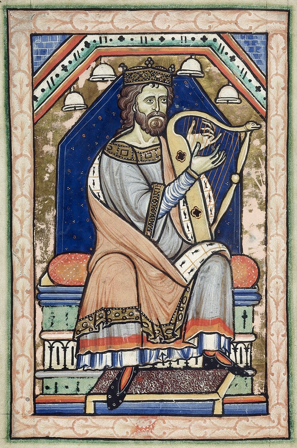 Król Dawid gra na harfie Anonimowe dzieło z ok. 1200 r. n.e. przedstawia króla Dawida grającego na harfie. Czy ta ilustracja pozwala ci rozbudować definicję psalmu o kolejną informację? Źródło: Król Dawid gra na harfie, ok. 1200, Biblioteka Brytyjska, domena publiczna.