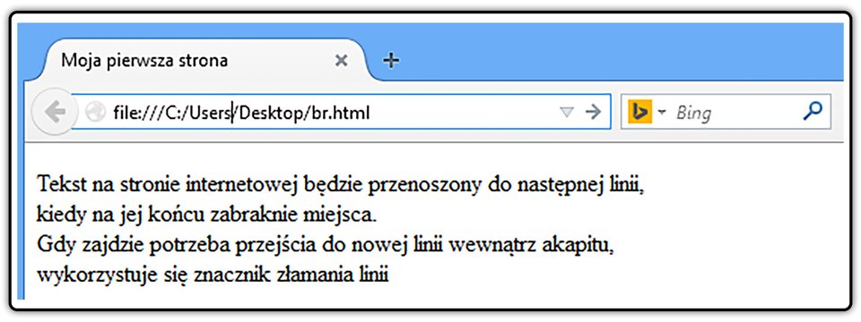 Zrzut widoku strony dokumentu HTML z tekstem umieszczonym pomiędzy znacznikami początku i końca akapitu