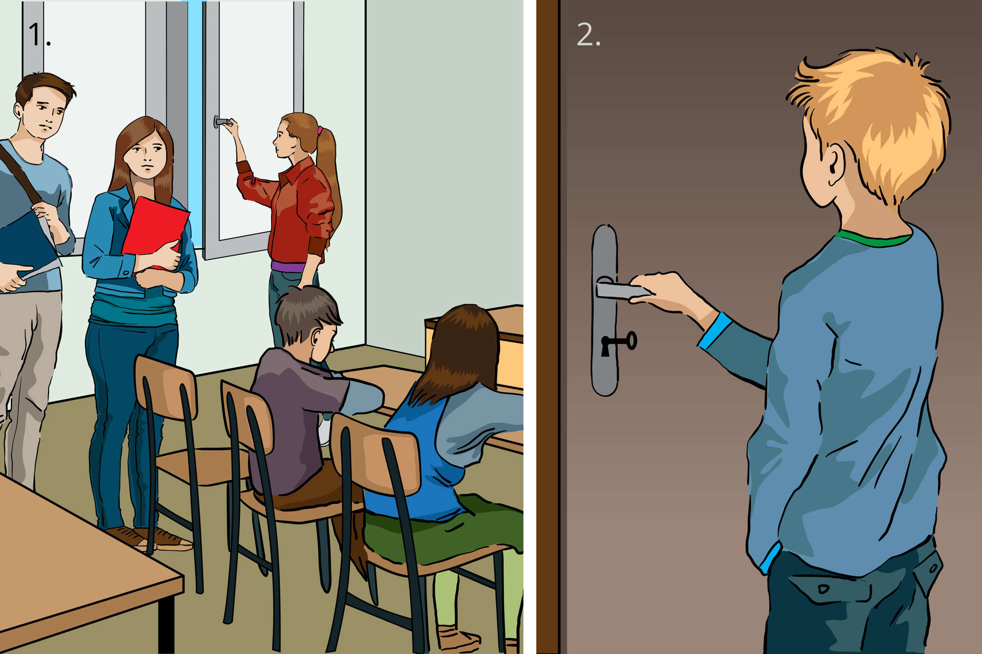 Pierwsze dwie z siedmiu ilustracji stanowiących zestaw instrukcji postępowania w czasie ewakuacji budynku. Rysunek numer jeden znajdujący się od lewej stronie przedstawia wnętrze szkolnej klasy z piątką uczniów w wieku około 15 lat. Po usłyszeniu komunikatu o ewakuacji uczniowie przerywają zajęcia i zbierają się do wyjścia. Stojąca przy oknie dziewczyna zamyka je. Na rysunku numer dwa po prawej stronie pokazano, jak ostatni z wychodzących uczniów zamyka drzwi klasy na klamkę, ale nie na klucz.