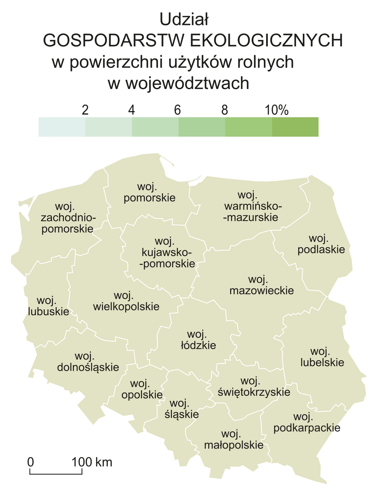 Na ilustracji mapa konturowa Polski z podziałem na województwa. Nad nią legenda z kolorami. Kolory jasne niski udział gospodarstw ekologicznych w powierzchni użytków rolnych (2%). Kolory ciemne większy udział gospodarstw ekologicznych w powierzchni użytków rolnych (10%).
