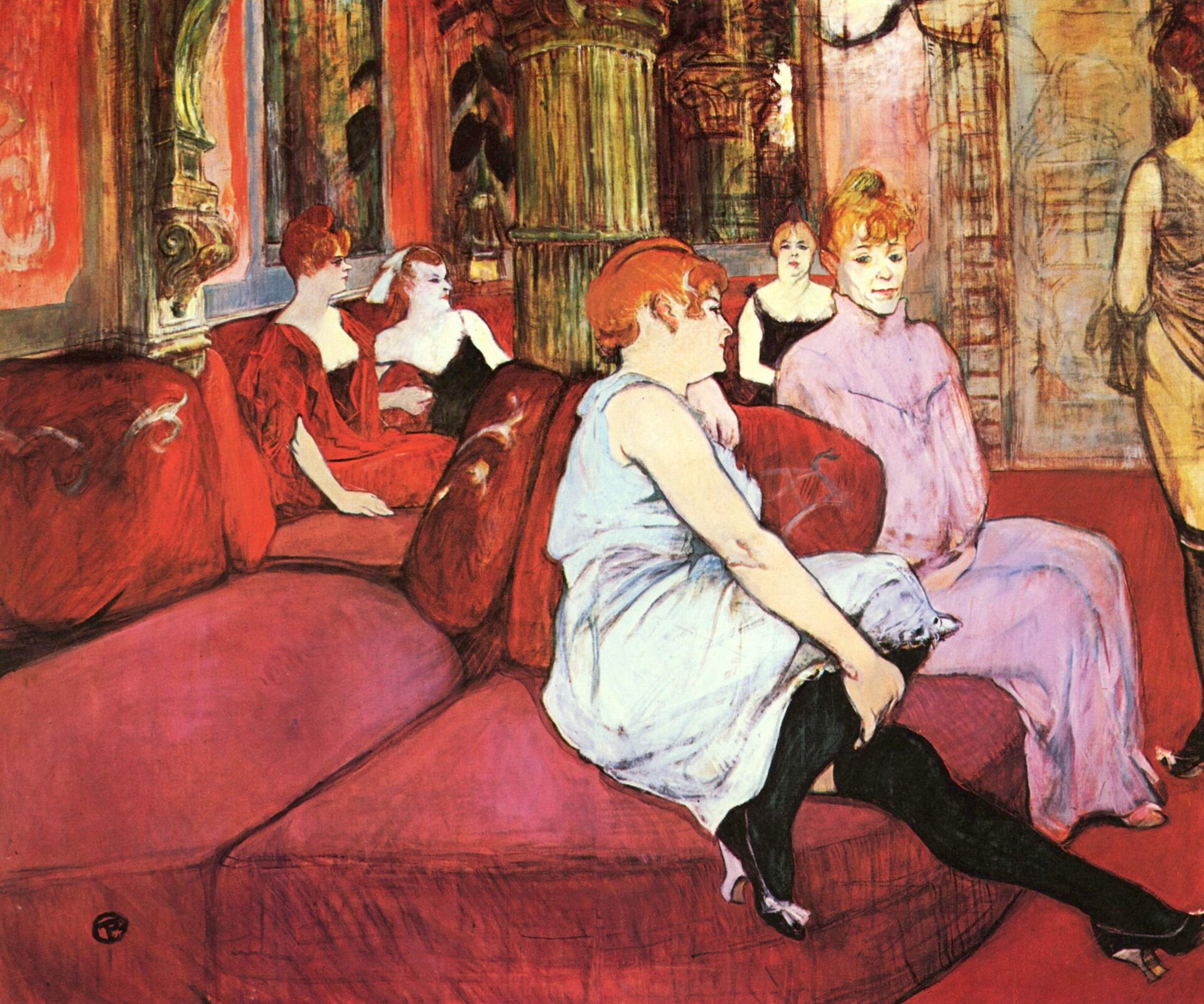 W salonie przy rue des Moulins Źródło: Henri de Toulouse-Lautrec, W salonie przy rue des Moulins , 1894, olej na płótnie, Musée Toulouse-Lautrec, domena publiczna.