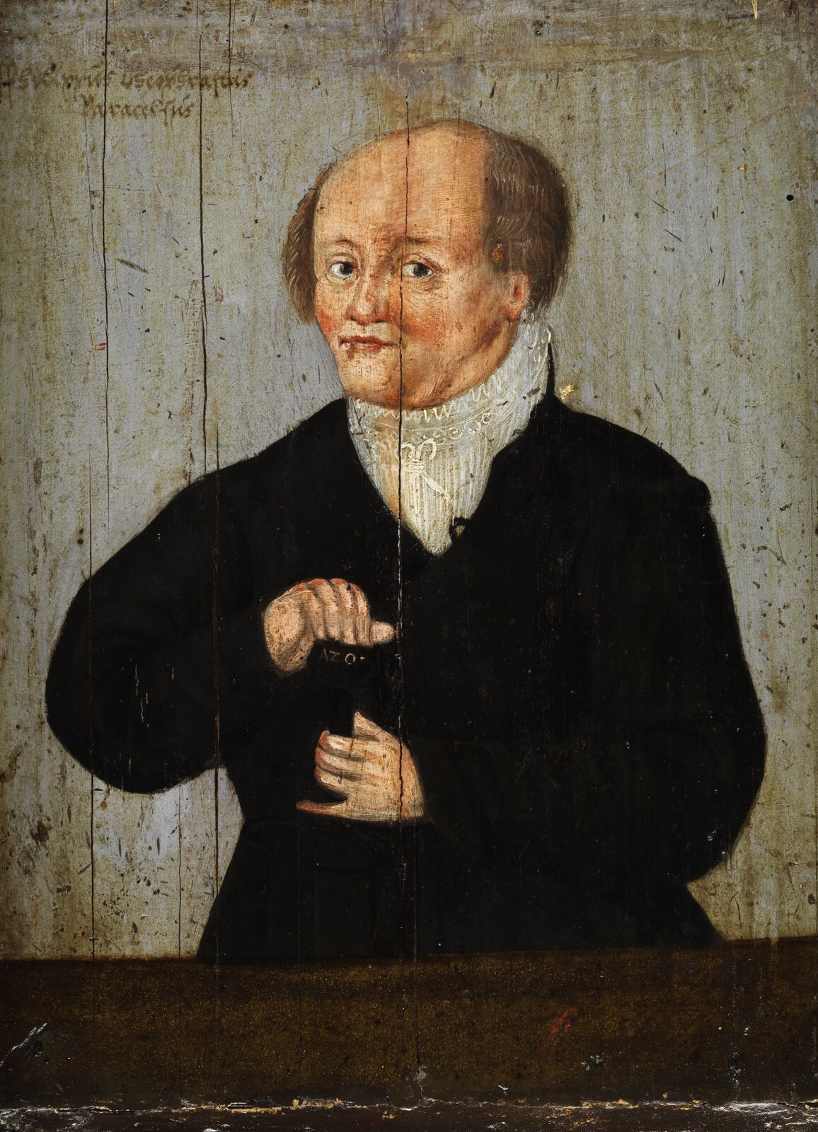 Renesansowy portret Paracelsusa. Olej na drewnie. Postać ukazana en face, od pasa w górę. Głowa lekko skierowana w lewo. Na środku głowy łysina, siwe włosy po bokach. Twarz stara, z wyraźnym podbródkiem. Oczy ciemne, nos długi, usta wąskie. Prawe ucho odkryte. Ręce ugięte na wysokości piersi. W dłoniach czarna, zdobiona sakiewka. Lewa dłoń powyżej, wyciąga coś z sakiewki. Uczony odziany w czarny kaftan i wysoki, biały żabot. Stoi za stołem.