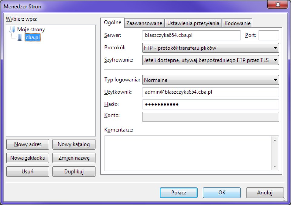 Definiowanie kont FTP w Menadżerze Stron