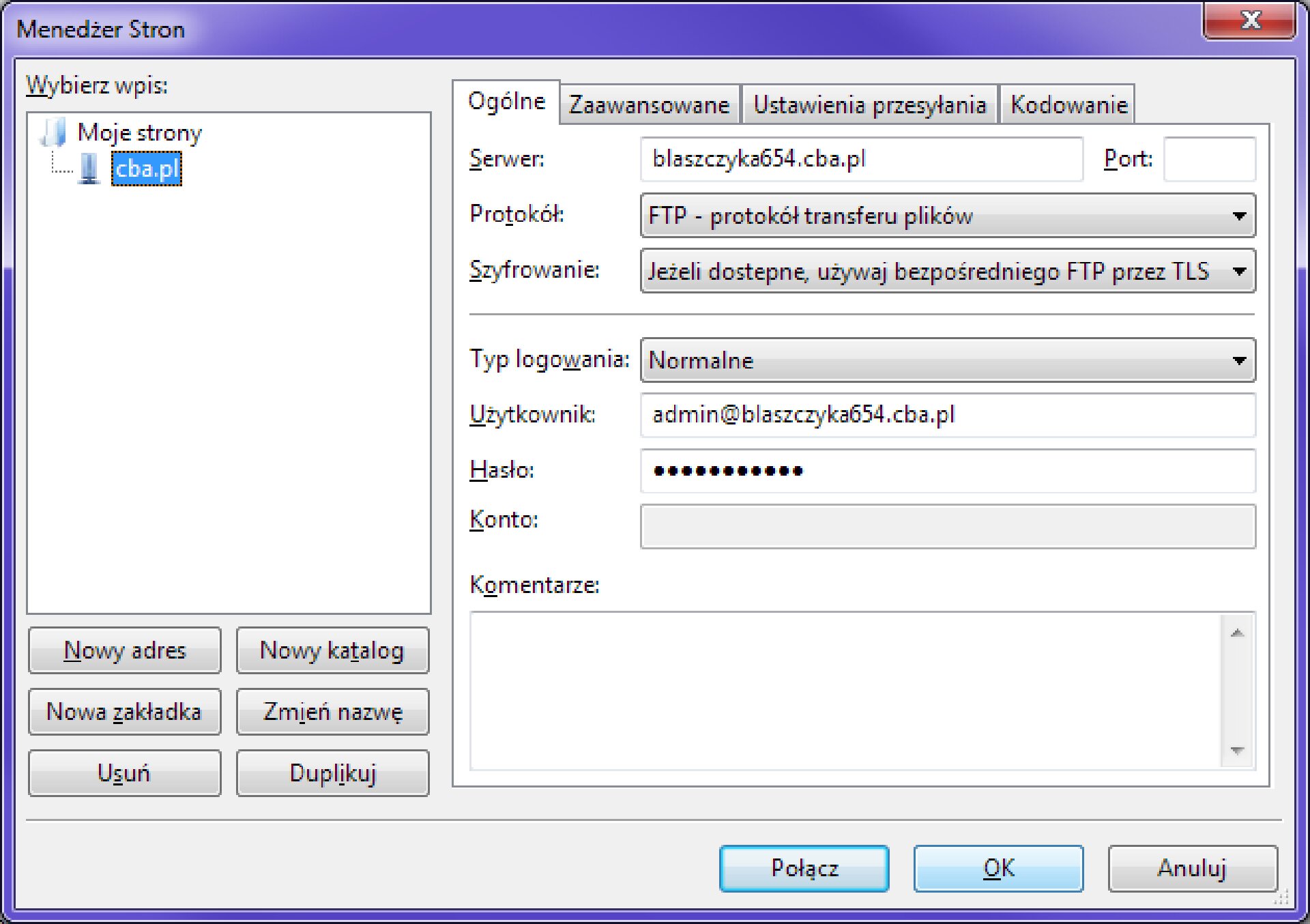 Definiowanie kont FTP w Menadżerze Stron