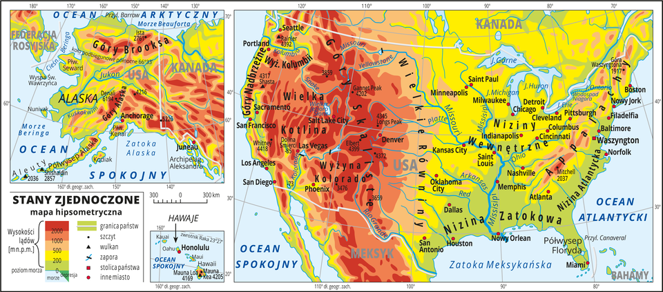 Ilustracja przedstawia mapę hipsometryczną Stanów Zjednoczonych Ameryki Północnej. Mapa główna mieści obszar Stanów Zjednoczonych, na osobnych mapkach Alaska i Hawaje. W obrębie lądów występują obszary w kolorze zielonym, żółtym, pomarańczowym i czerwonym. Na zachodnich wybrzeżach Stanów Zjednoczonych dominują pasma górskie o przebiegu południkowym. Rozległe niziny wokół największych rzek. Morza zaznaczono kolorem niebieskim. Na mapie opisano nazwy półwyspów, wysp, nizin, wyżyn i pasm górskich, mórz, zatok, rzek i jezior. Oznaczono i opisano stolice i główne miasta. Opisano nazwy państw. Oznaczono czarnymi kropkami i opisano szczyty górskie. Trójkątami oznaczono wulkany i podano ich nazwy i wysokości. Mapa pokryta jest równoleżnikami i południkami. Dookoła mapy w białej ramce opisano współrzędne geograficzne co dziesięć stopni. W legendzie umieszczono i opisano znaki użyte na mapie.