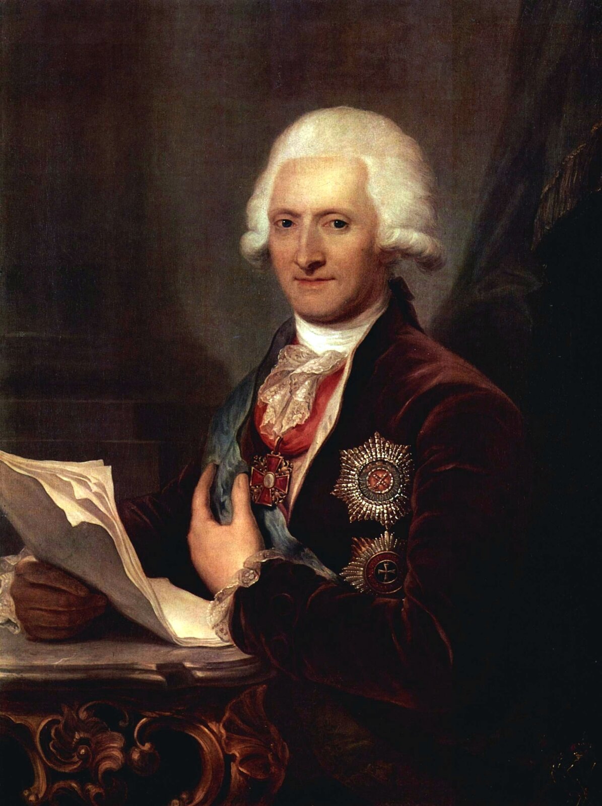 Portret Jacoba Sieversa Na zdjęciu ambasador prezentuje dwa polskie ordery: Orła Białego i Św. Stanisława Źródło: Josef Maria Grassi, Portret Jacoba Sieversa, ok. 1790-1795, Olej na płótnie, Muzeum Ermitażu w Petersburgu, domena publiczna.