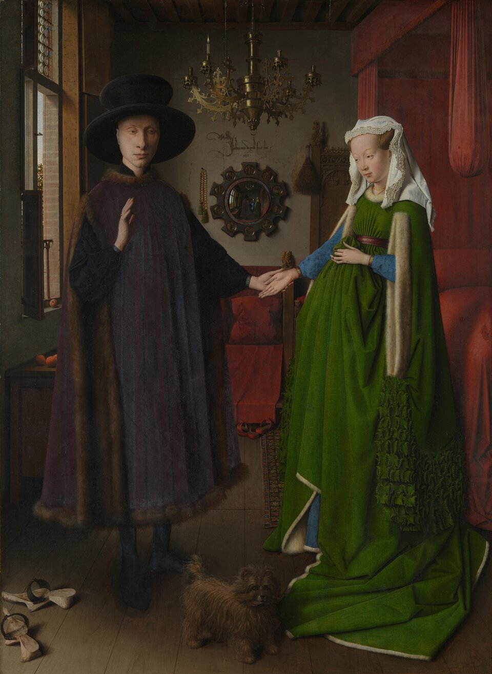 Portret małżonków Arnolfinich Źródło: Jan van Eyck, Portret małżonków Arnolfinich, 1434, olej na desce, National Gallery, Londyn, domena publiczna.