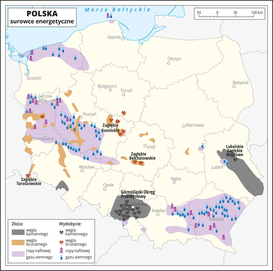 Ilustracja przedstawia mapę Polski z podziałem na województwa. Oznaczono i opisano główne miasta. Na mapie przedstawiono występowanie i wydobycie surowców energetycznych.Kolorem szarym zaznaczono obszary, na których występują złoża węgla kamiennego, a kolorem brązowym obszary, na których występują złoża węgla brunatnego. Kolorem fioletowym zaznaczono obszary, na których występują złoża ropy naftowej i gazu ziemnego. Za pomocą sygnatur oznaczono miejsca ich wydobycia. Zasadniczo pokrywają się one z miejscem występowania złóż.Opisano nazwy okręgów przemysłowych.Złoża węgla kamiennego występują w województwie śląskim, tam też jest największe wydobycie. Drugim obszarem dużego występowania, ale mniejszego wydobycia złóż węgla kamiennego jest Lubelskie Zagłębie Węglowe.Złoża węgla brunatnego zlokalizowane są w wielu miejscach w województwie lubuskim, wielkopolskim, dolnośląskim i łódzkim ale wydobycie odbywa się tylko w kilku rejonach, jak Zagłębie Bełchatowskie, Konińskie i Turoszowskie.Ropa naftowa i gaz ziemny występują i są wydobywane w województwie podkarpackim, lubuskim, w środkowej części województwa wielkopolskiego, północnej części województwa zachodnio-pomorskiego oraz w północnej części województwa dolnośląskiego. Przeważa wydobycie gazu ziemnego. Na dole mapy w legendzie opisano znaki użyte na mapie.