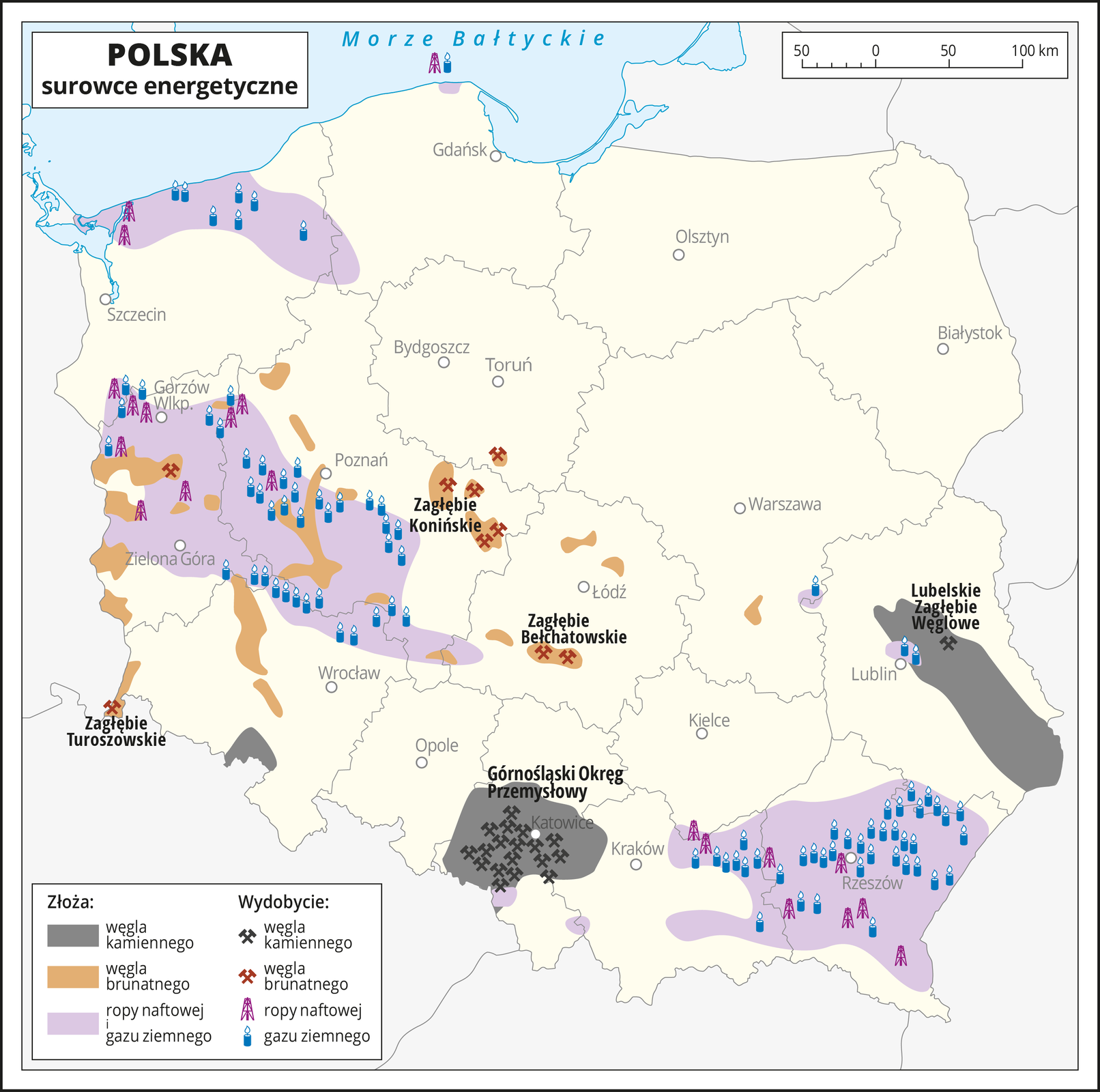 Ilustracja przedstawia mapę Polski z podziałem na województwa. Oznaczono i opisano główne miasta. Na mapie przedstawiono występowanie i wydobycie surowców energetycznych.Kolorem szarym zaznaczono obszary, na których występują złoża węgla kamiennego, a kolorem brązowym obszary, na których występują złoża węgla brunatnego. Kolorem fioletowym zaznaczono obszary, na których występują złoża ropy naftowej i gazu ziemnego. Za pomocą sygnatur oznaczono miejsca ich wydobycia. Zasadniczo pokrywają się one z miejscem występowania złóż.Opisano nazwy okręgów przemysłowych.Złoża węgla kamiennego występują w województwie śląskim, tam też jest największe wydobycie. Drugim obszarem dużego występowania, ale mniejszego wydobycia złóż węgla kamiennego jest Lubelskie Zagłębie Węglowe.Złoża węgla brunatnego zlokalizowane są w wielu miejscach w województwie lubuskim, wielkopolskim, dolnośląskim i łódzkim ale wydobycie odbywa się tylko w kilku rejonach, jak Zagłębie Bełchatowskie, Konińskie i Turoszowskie.Ropa naftowa i gaz ziemny występują i są wydobywane w województwie podkarpackim, lubuskim, w środkowej części województwa wielkopolskiego, północnej części województwa zachodnio-pomorskiego oraz w północnej części województwa dolnośląskiego. Przeważa wydobycie gazu ziemnego. Na dole mapy w legendzie opisano znaki użyte na mapie.