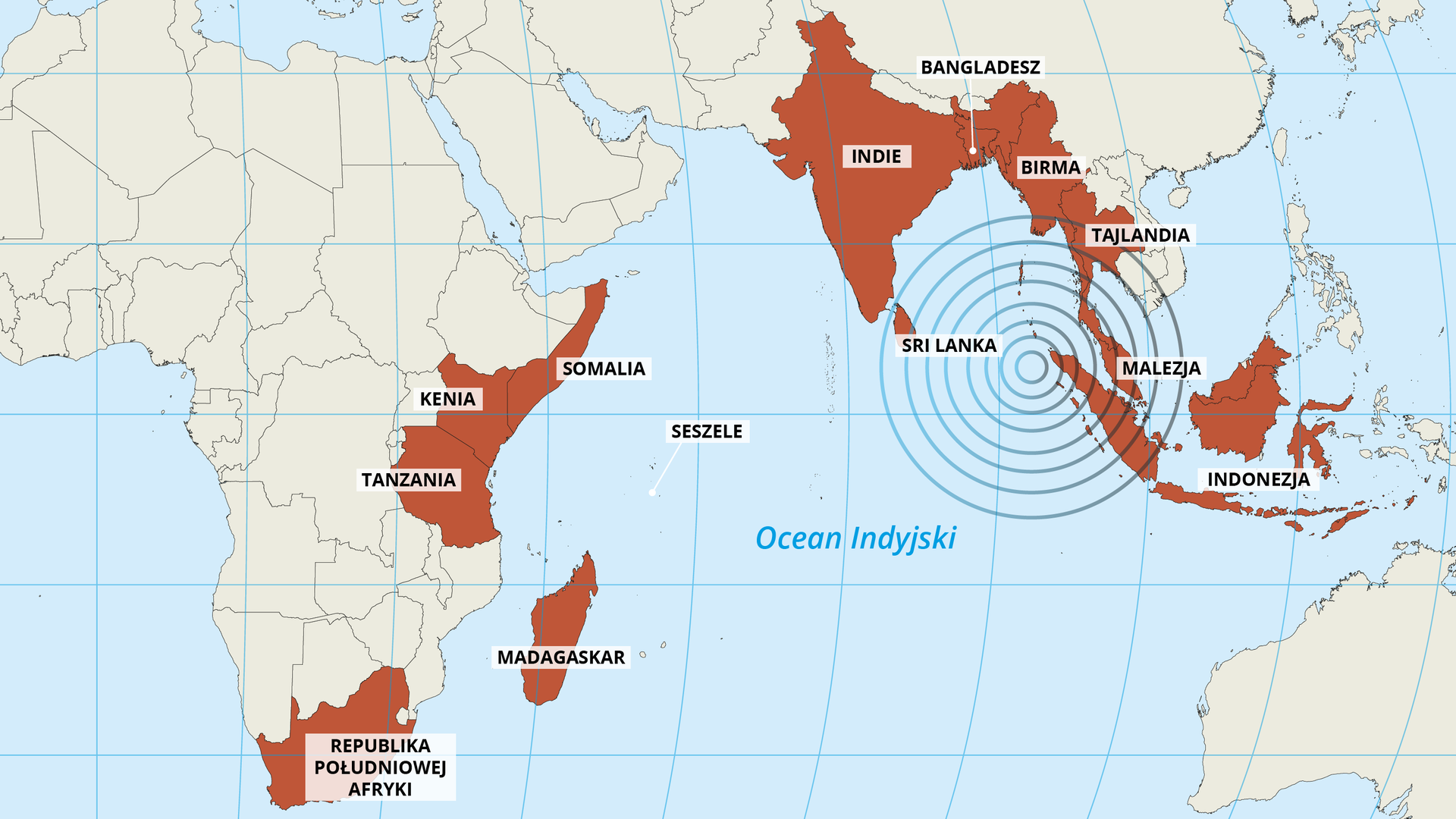 Mapa przedstawia kraje, w których odnotowano zniszczenia i ofiary fali tsunami z 2004 roku. Epicentrum oznaczono na Oceanie Indyjskim, tuż u wybrzeży Sumatry. Kraje, które odczuły to trzęsienie Ziemi to: Indie, Bangladesz, Birma, Tajlandia, Malezja, Indonezja, Seszele, a także kraje Afrykańskie, Seszele, Somalia, Kenia, Tanzania, Madagaskar, Republika Południowej Afryki.
