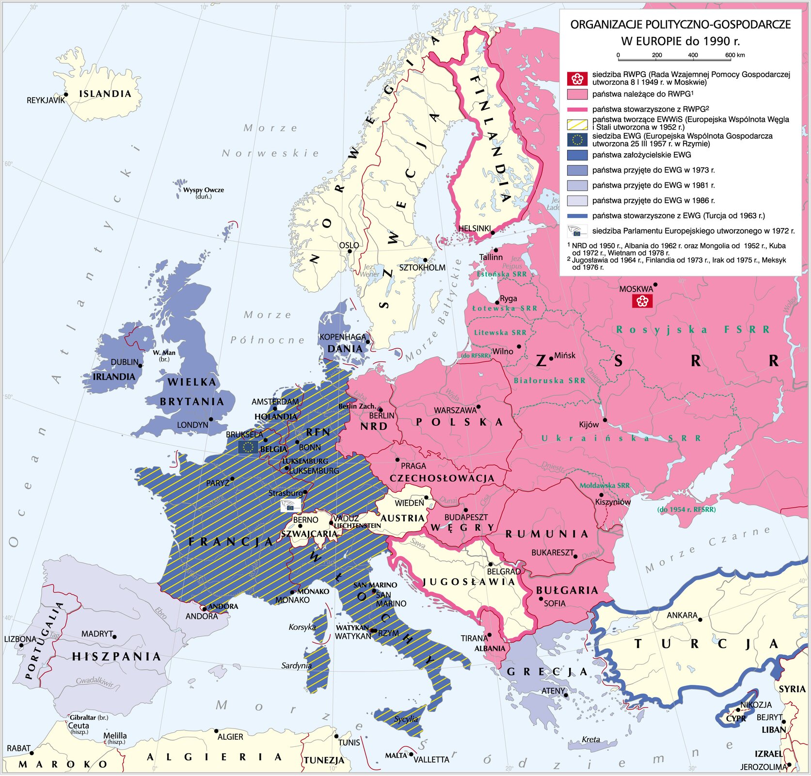 mapa - organizacje polityczno-gospodarcze w Europie do 1990 r.