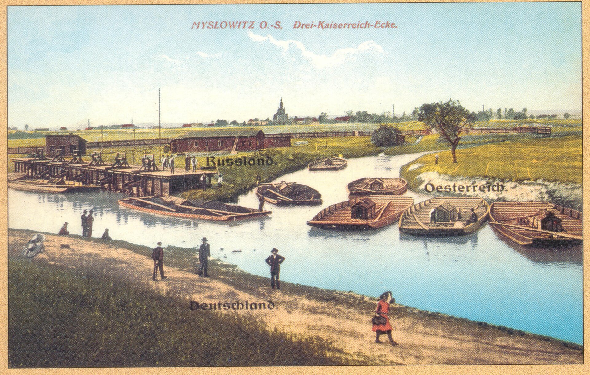 Trójkąt Trzech Cesarzy Mysłowice/Sosnowiec Źródło: Trójkąt Trzech Cesarzy Mysłowice/Sosnowiec, przed 1917, pocztówka, domena publiczna.