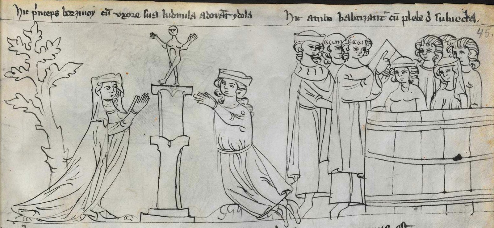 Opisanie historii Starego i Nowego Testamentu, jak również niektórych świętych - tzw. Ilustrowany Kodeks z Krumlova Miniatura z XIV-wiecznej kroniki. Czeski książę Borzywoj z żoną Ludmiłą modlą się do posążka. Źródło: autor nieznany, Opisanie historii Starego i Nowego Testamentu, jak również niektórych świętych - tzw. Ilustrowany Kodeks z Krumlova, ok. 1360, rysunek piórkiem (atrament), domena publiczna.