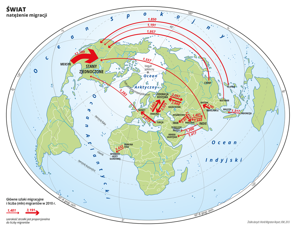 Ilustracja przedstawia mapę świata. Opisano oceany. Na mapie czerwonymi strzałkami przedstawiono główne szlaki migracyjne w dwa tysiące dziesiątym roku. Szerokość strzałek jest proporcjonalna do liczby migrantów. Przy strzałkach opisano liczbę migrantów w milionach. Najgrubsza strzałka prowadzi z Meksyku do Stanów Zjednoczonych – ponad dwanaście milionów migrantów. Cieńsze strzałki prowadzą do Stanów Zjednoczonych również z Indii, Chin, Filipin, Wietnamu i Niemiec. Strzałki występują również w innych częściach globu i prowadzą z Ukrainy do Federacji Rosyjskiej i odwrotnie, z Kazachstanu do Federacji Rosyjskiej i odwrotnie, z Indii do Arabii Saudyjskiej i Zjednoczonych Emiratów Arabskich, z Afganistanu do Iranu, z Afganistanu do Pakistanu, z Indii do Pakistanu i odwrotnie, z Bangladeszu do Bhutanu, z Indonezji do Malezji , oraz z Burkina Faso do Wybrzeża Kości Słoniowej. Mapa pokryta jest równoleżnikami i południkami. Dookoła mapy w białej ramce opisano współrzędne geograficzne.Na dole mapy po lewej stronie wyjaśniono znak strzałki użytej na mapie.