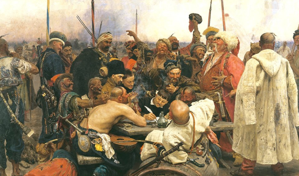 Zaporożcy piszą do sułtana tureckiego Obraz namalowany przez wybitnego malarza historycznego Ilię Repina (1844-1930) w latach 1880-1891. Przedstawia scenę pisania pisma do sułtana w 1676 r. Obraz wykonany był w kilku wersjach. Po sukcesach na wystawach międzynarodowych zakupiony przez cara Aleksandra III. Obecnie przechowywany w Petersburgu. Źródło: Ilja Riepin, Zaporożcy piszą do sułtana tureckiego, 1880-1891, olej na płótnie, Muzeum Rosyjskie w Sankt Petersburgu, domena publiczna.