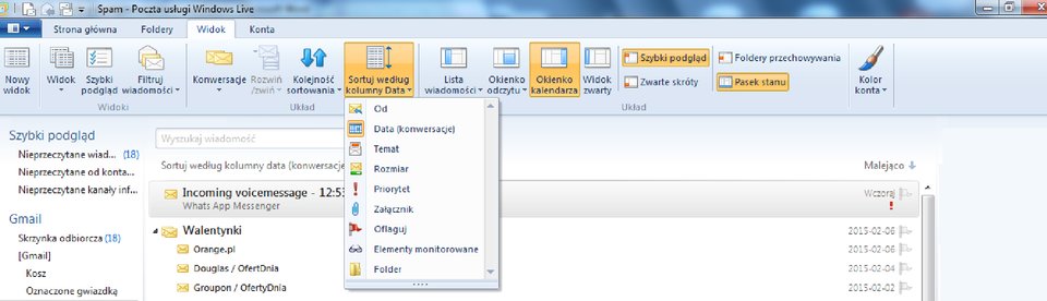 Ilustracja możliwości sortowania poczty w programie Windows Live