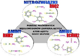 Podział jednofunkcyjnych pochodnych węglowodorów na aminy, amidy i nitrozwiązki: wzory grupowe